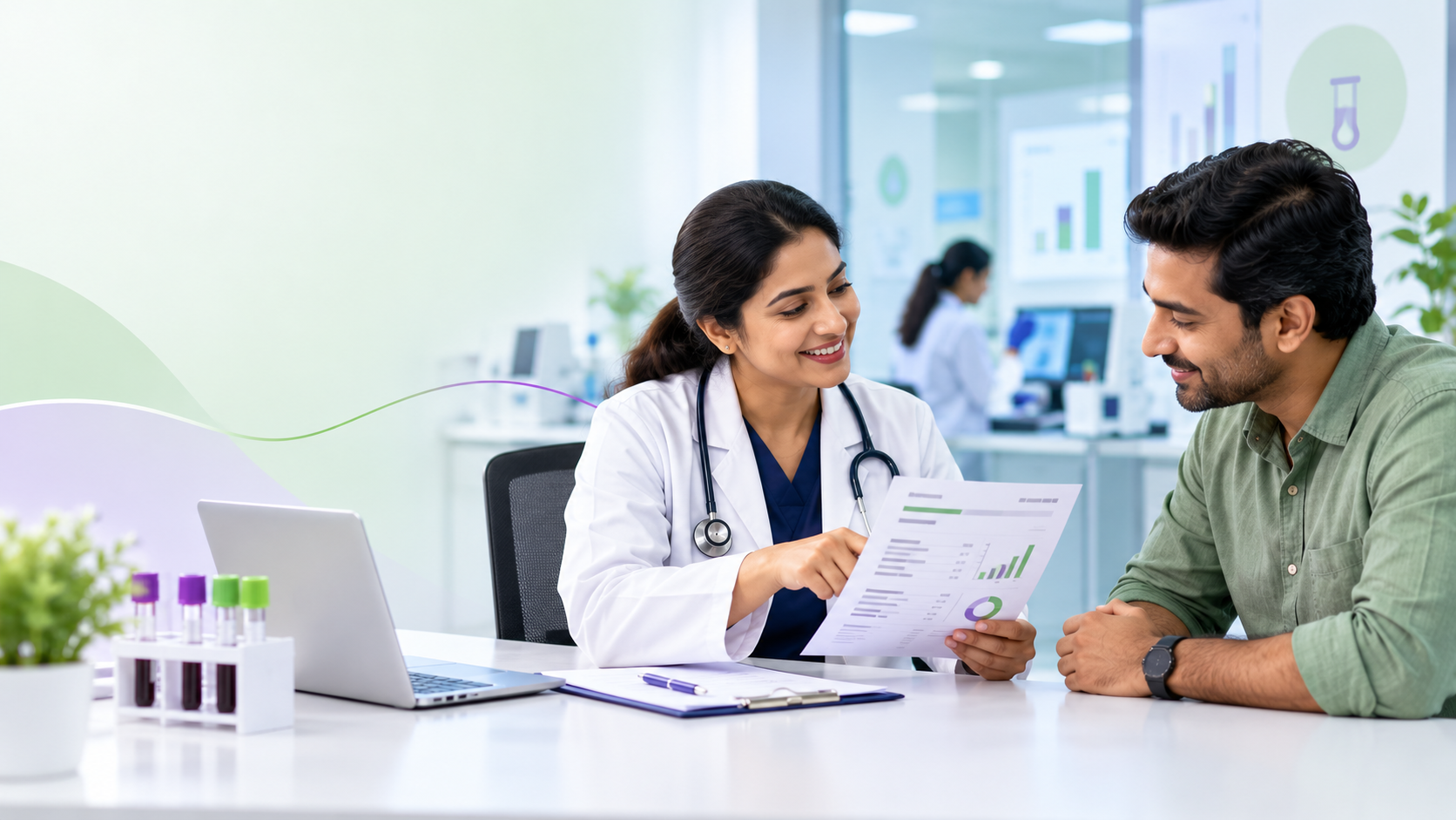 Patient discussing a blood test report with a healthcare professional